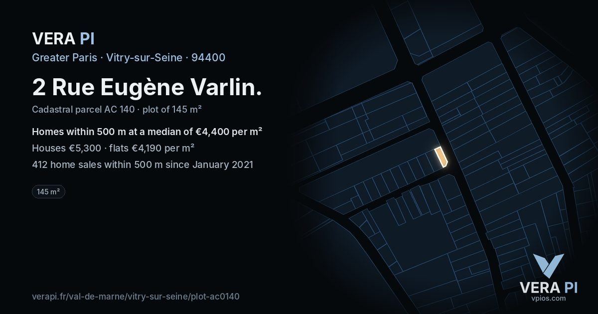 2 Rue Eugène Varlin, Vitry-sur-Seine at night – the plot lit, the parcels around coloured by the prices near them