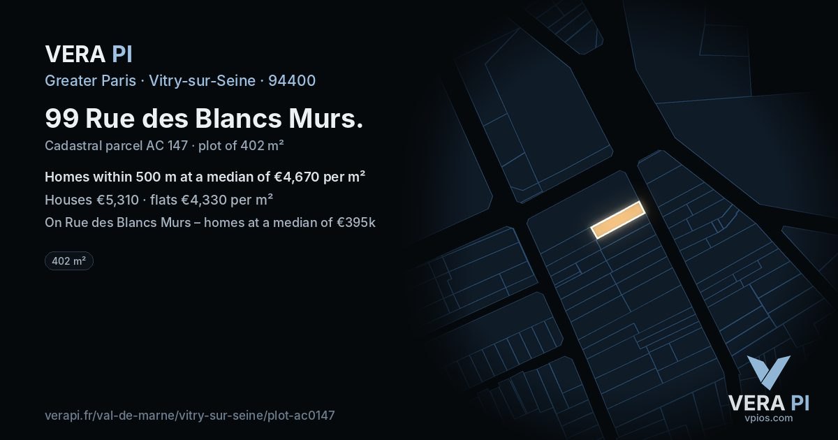 99 Rue des Blancs Murs, Vitry-sur-Seine at night – the plot lit, the parcels around coloured by the prices near them