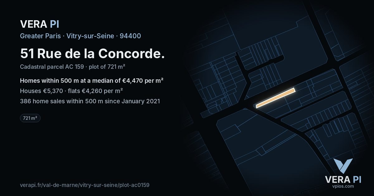 51 Rue de la Concorde, Vitry-sur-Seine at night – the plot lit, the parcels around coloured by the prices near them