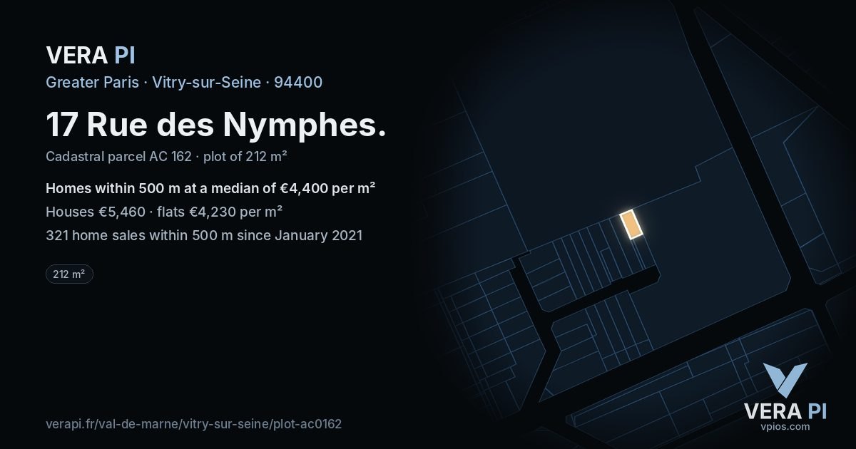 17 Rue des Nymphes, Vitry-sur-Seine at night – the plot lit, the parcels around coloured by the prices near them