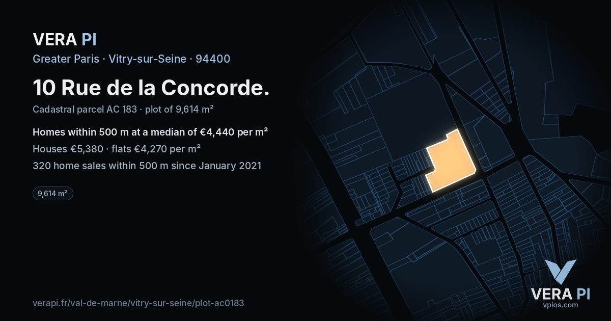 10 Rue de la Concorde, Vitry-sur-Seine at night – the plot lit, the parcels around coloured by the prices near them