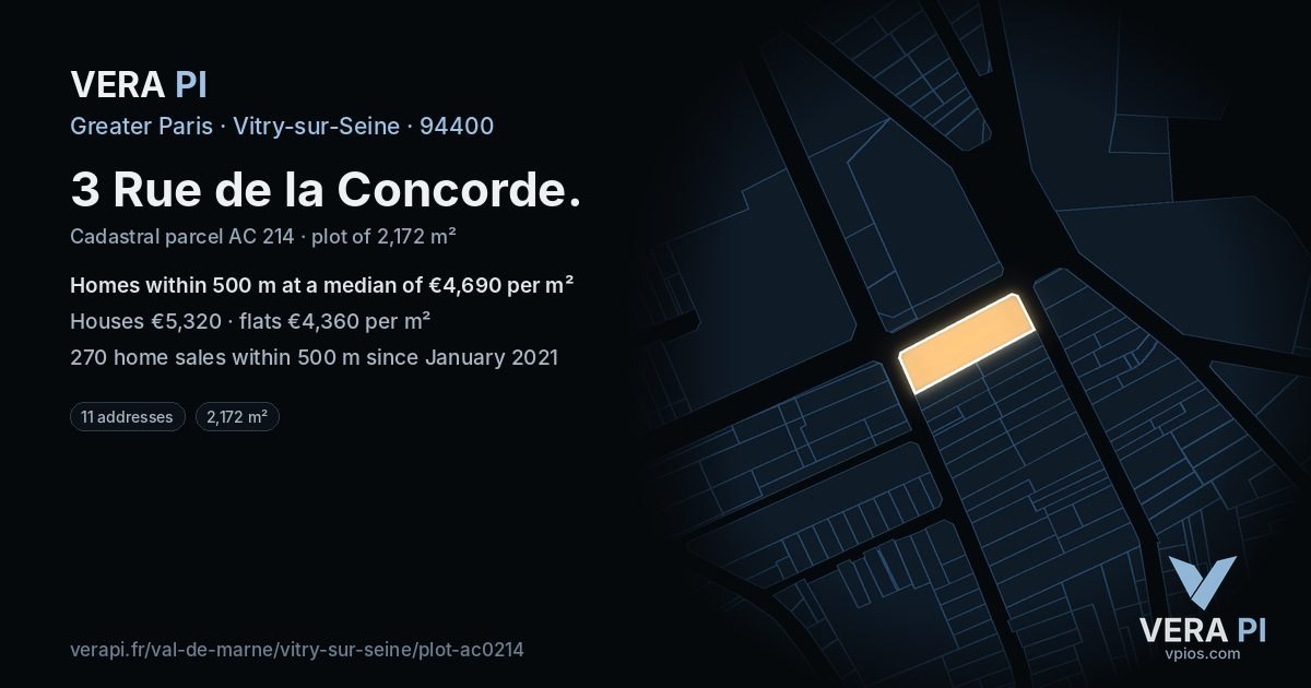 3 Rue de la Concorde, Vitry-sur-Seine at night – the plot lit, the parcels around coloured by the prices near them