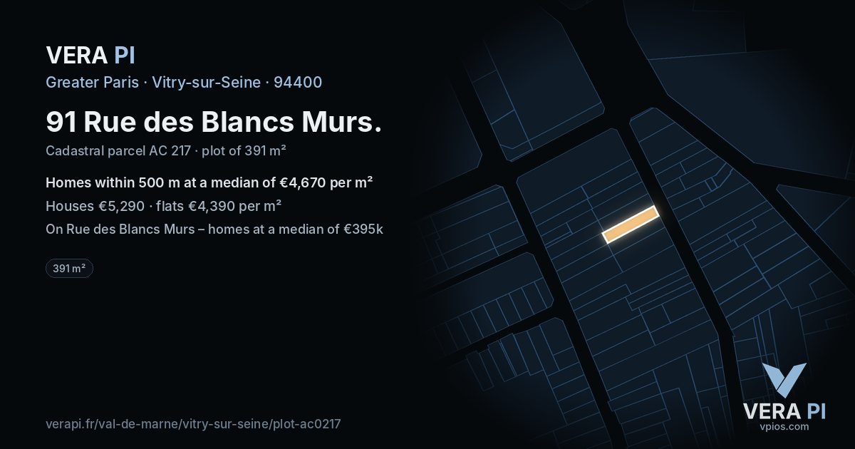 91 Rue des Blancs Murs, Vitry-sur-Seine at night – the plot lit, the parcels around coloured by the prices near them