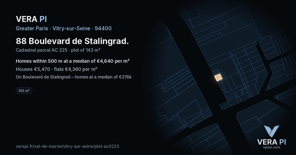 88 Boulevard de Stalingrad, Vitry-sur-Seine at night – the plot lit, the parcels around coloured by the prices near them