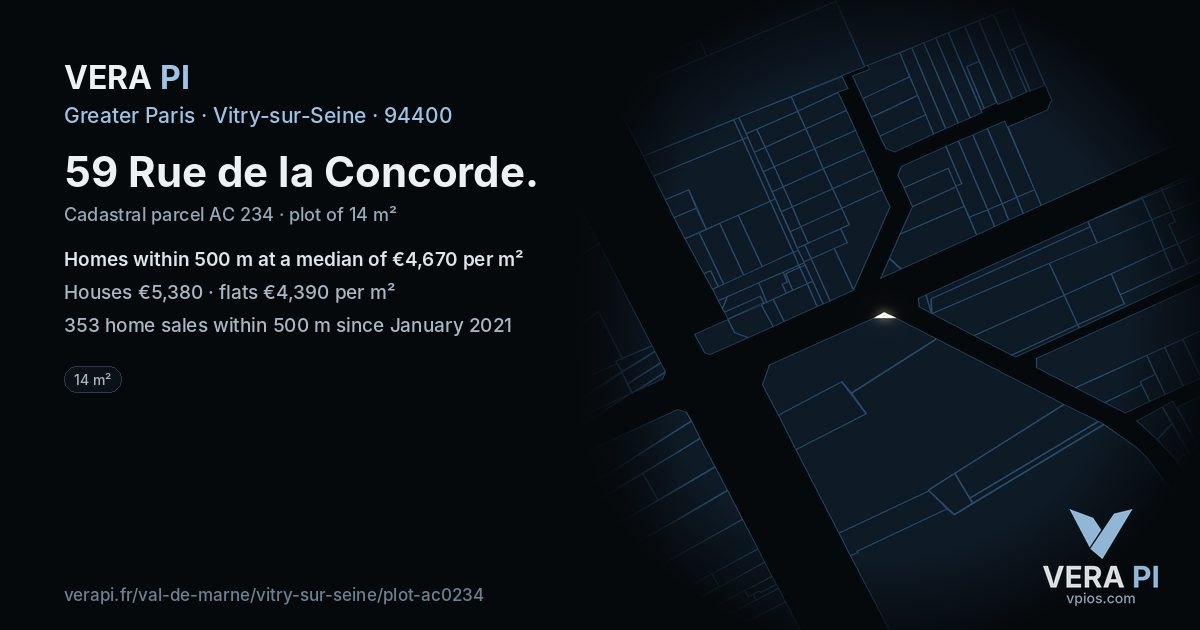 59 Rue de la Concorde, Vitry-sur-Seine at night – the plot lit, the parcels around coloured by the prices near them