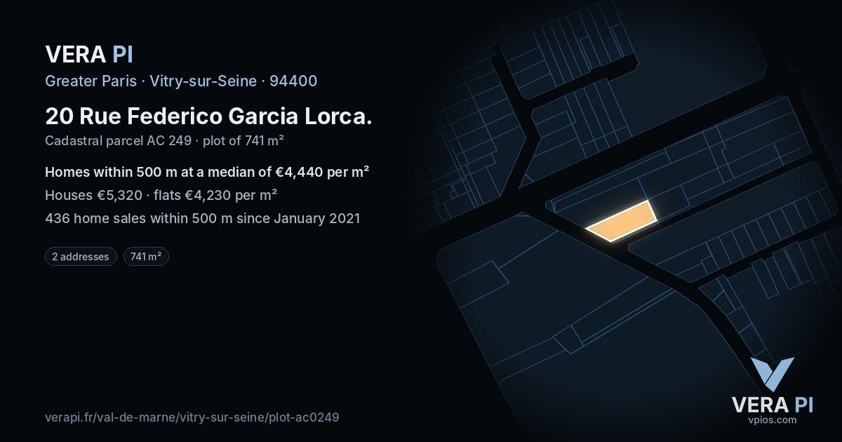 20 Rue Federico Garcia Lorca, Vitry-sur-Seine at night – the plot lit, the parcels around coloured by the prices near them