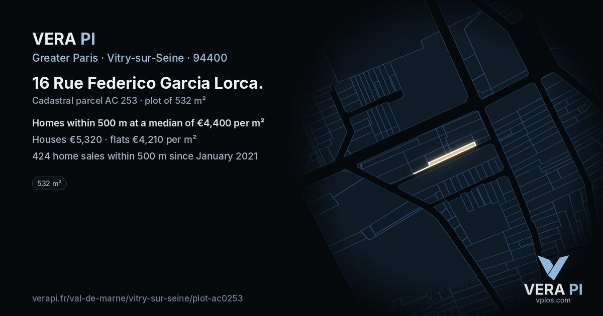 16 Rue Federico Garcia Lorca, Vitry-sur-Seine at night – the plot lit, the parcels around coloured by the prices near them