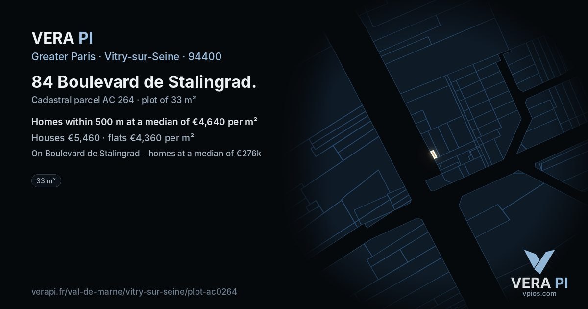 84 Boulevard de Stalingrad, Vitry-sur-Seine at night – the plot lit, the parcels around coloured by the prices near them