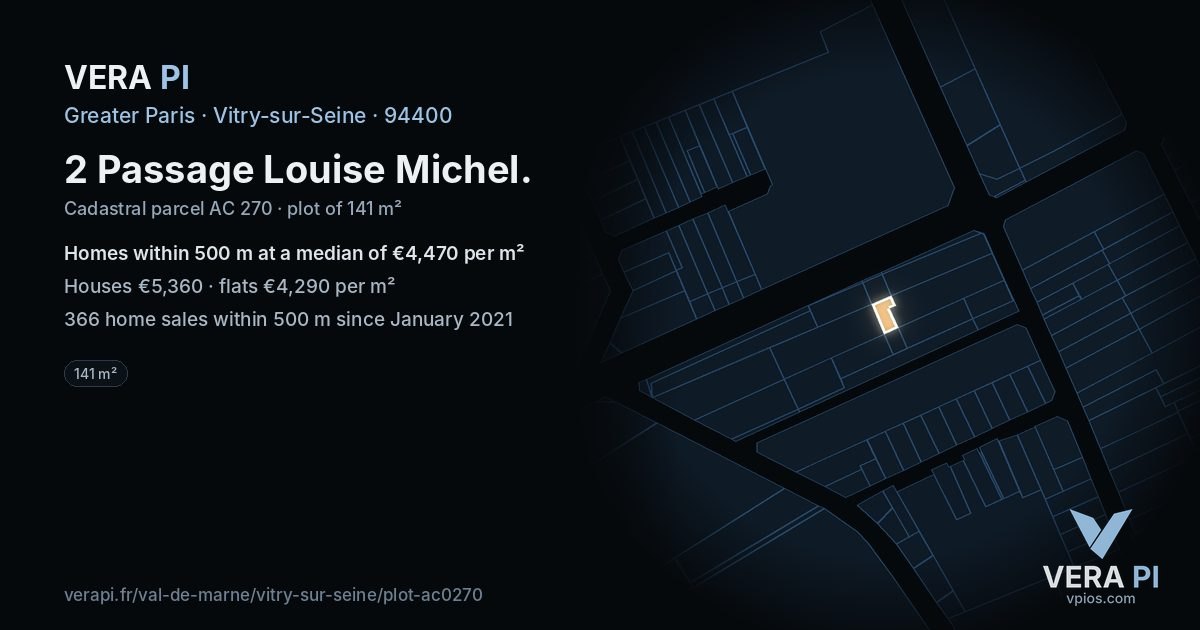 2 Passage Louise Michel, Vitry-sur-Seine at night – the plot lit, the parcels around coloured by the prices near them