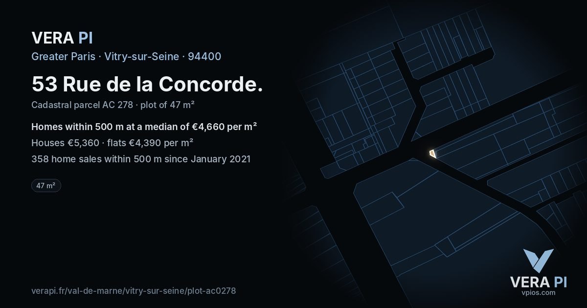 53 Rue de la Concorde, Vitry-sur-Seine at night – the plot lit, the parcels around coloured by the prices near them