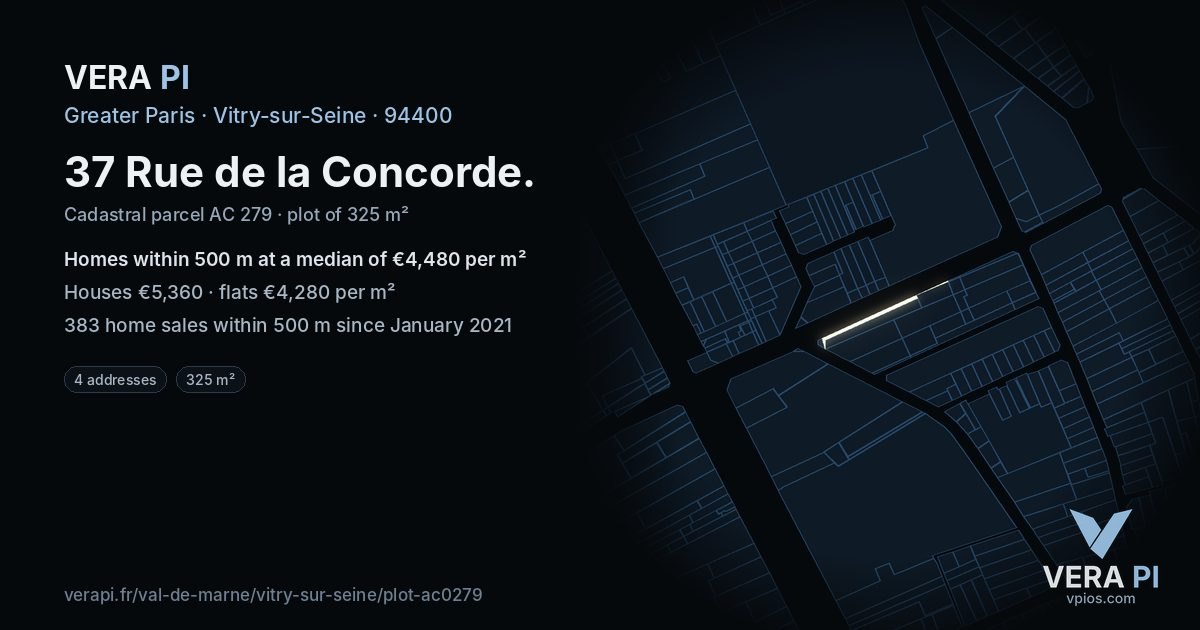 37 Rue de la Concorde, Vitry-sur-Seine at night – the plot lit, the parcels around coloured by the prices near them