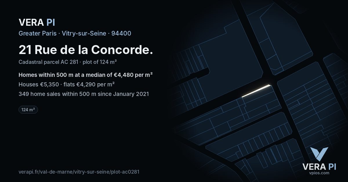 21 Rue de la Concorde, Vitry-sur-Seine at night – the plot lit, the parcels around coloured by the prices near them