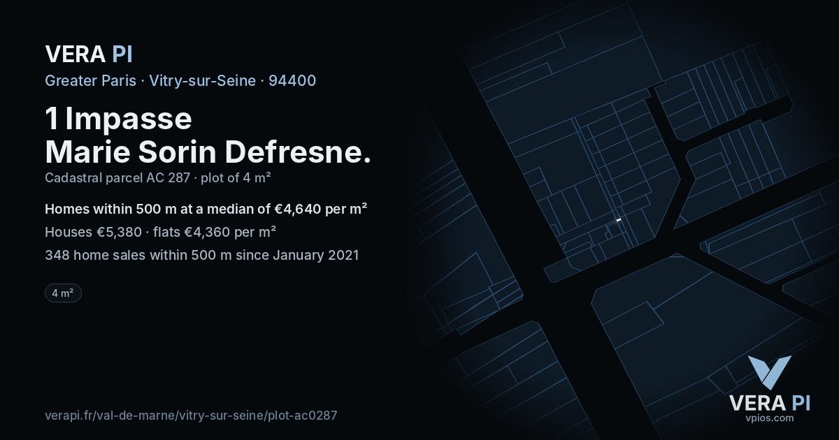 1 Impasse Marie Sorin Defresne, Vitry-sur-Seine at night – the plot lit, the parcels around coloured by the prices near them