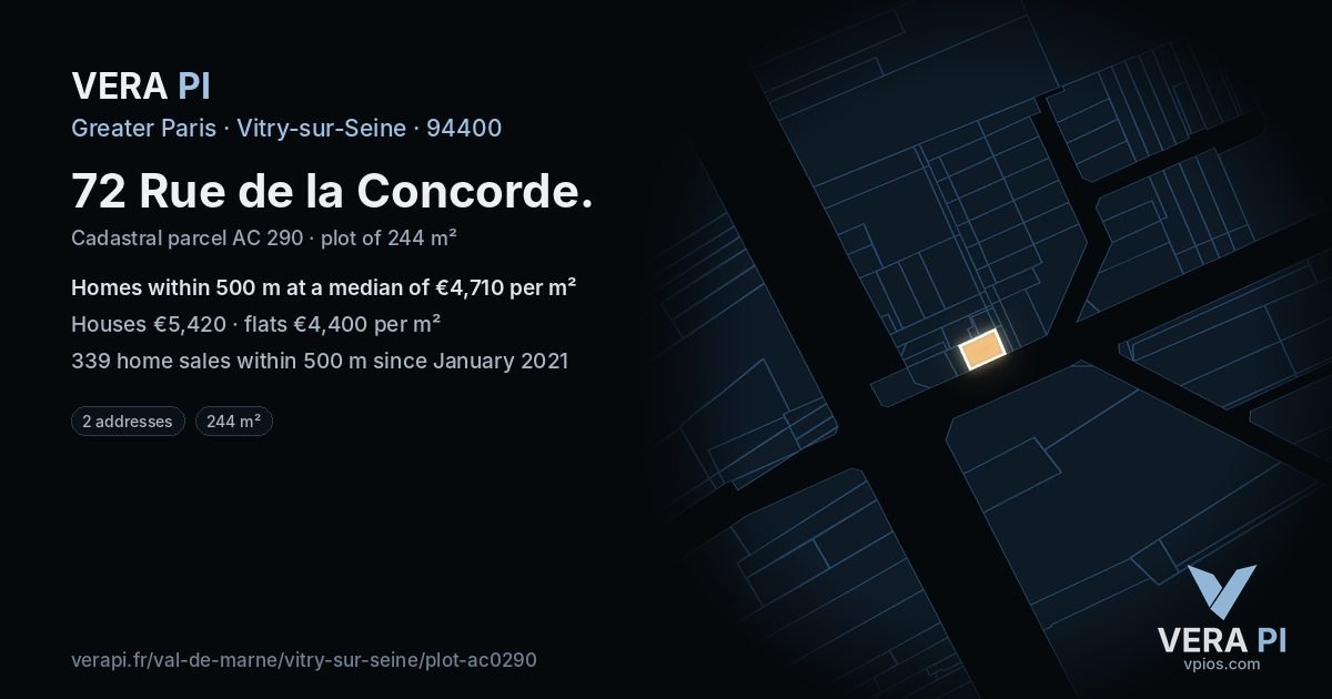 72 Rue de la Concorde, Vitry-sur-Seine at night – the plot lit, the parcels around coloured by the prices near them
