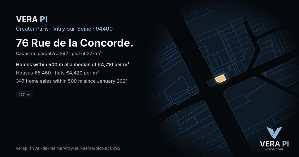 76 Rue de la Concorde, Vitry-sur-Seine at night – the plot lit, the parcels around coloured by the prices near them