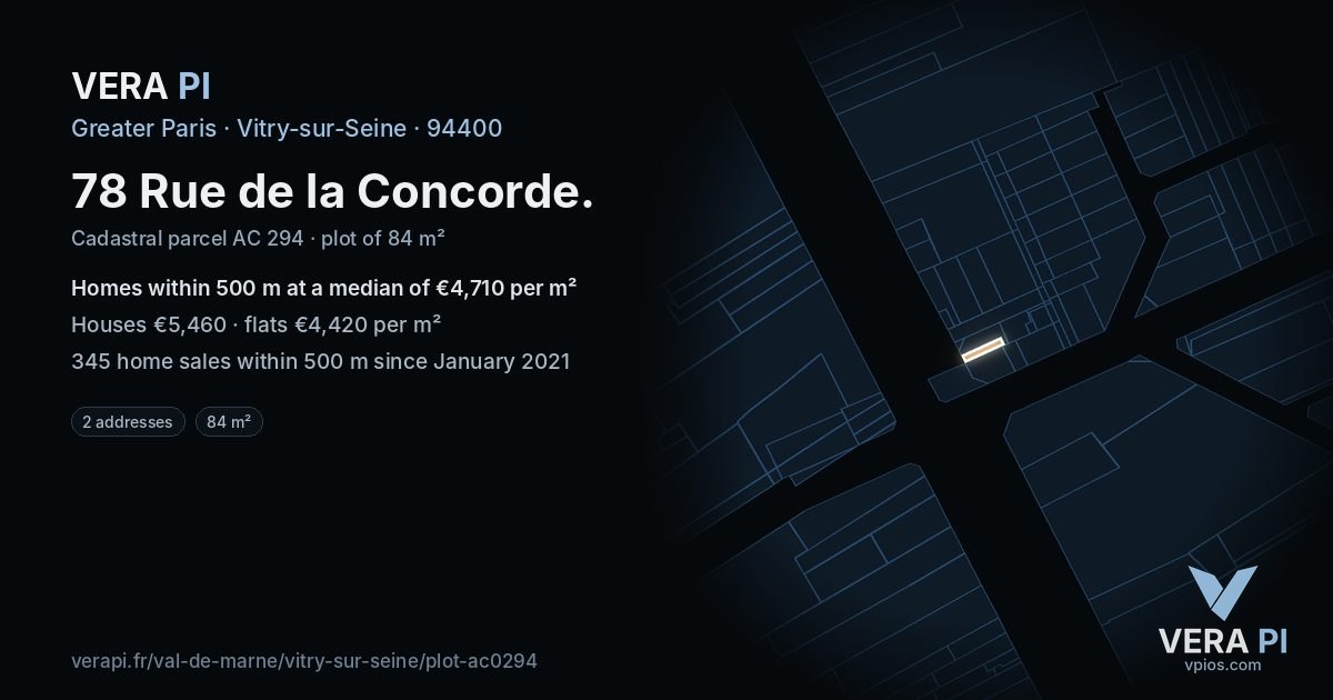 78 Rue de la Concorde, Vitry-sur-Seine at night – the plot lit, the parcels around coloured by the prices near them