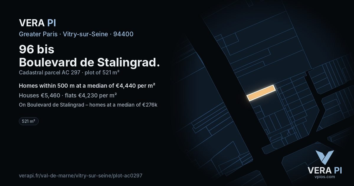 96 bis Boulevard de Stalingrad, Vitry-sur-Seine at night – the plot lit, the parcels around coloured by the prices near them