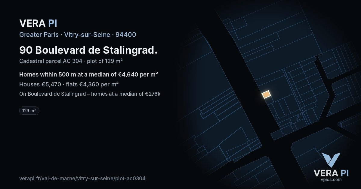 90 Boulevard de Stalingrad, Vitry-sur-Seine at night – the plot lit, the parcels around coloured by the prices near them