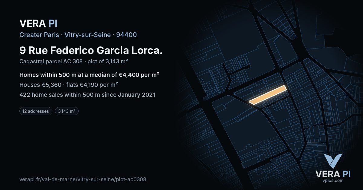 9 Rue Federico Garcia Lorca, Vitry-sur-Seine at night – the plot lit, the parcels around coloured by the prices near them