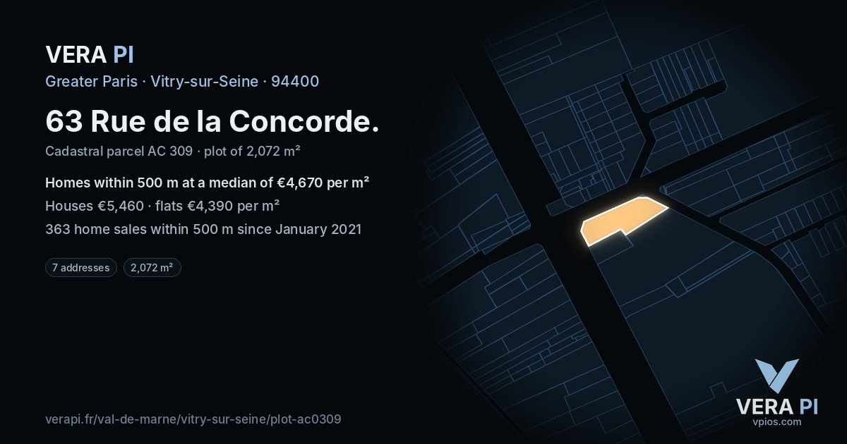 63 Rue de la Concorde, Vitry-sur-Seine at night – the plot lit, the parcels around coloured by the prices near them