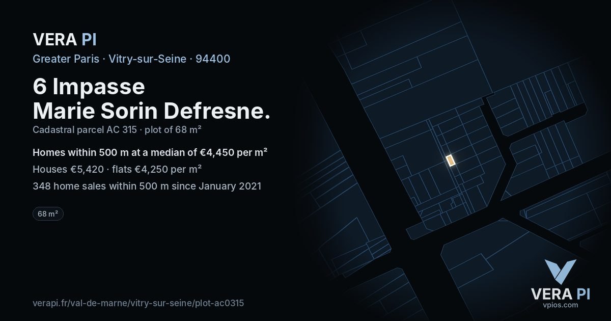 6 Impasse Marie Sorin Defresne, Vitry-sur-Seine at night – the plot lit, the parcels around coloured by the prices near them