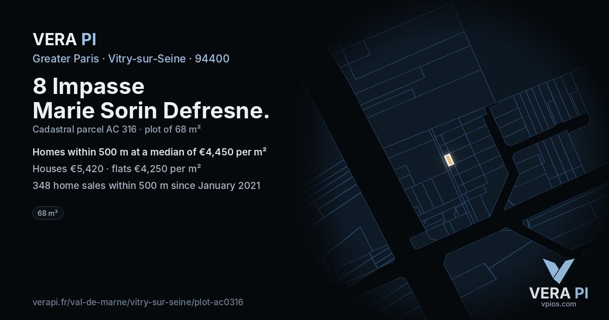 8 Impasse Marie Sorin Defresne, Vitry-sur-Seine at night – the plot lit, the parcels around coloured by the prices near them