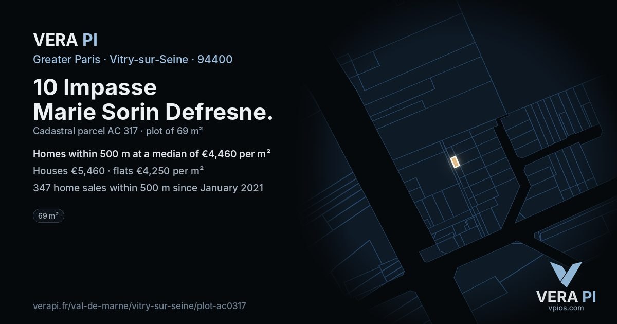 10 Impasse Marie Sorin Defresne, Vitry-sur-Seine at night – the plot lit, the parcels around coloured by the prices near them