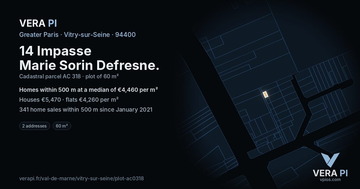 14 Impasse Marie Sorin Defresne, Vitry-sur-Seine at night – the plot lit, the parcels around coloured by the prices near them