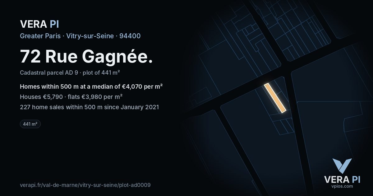72 Rue Gagnée, Vitry-sur-Seine at night – the plot lit, the parcels around coloured by the prices near them