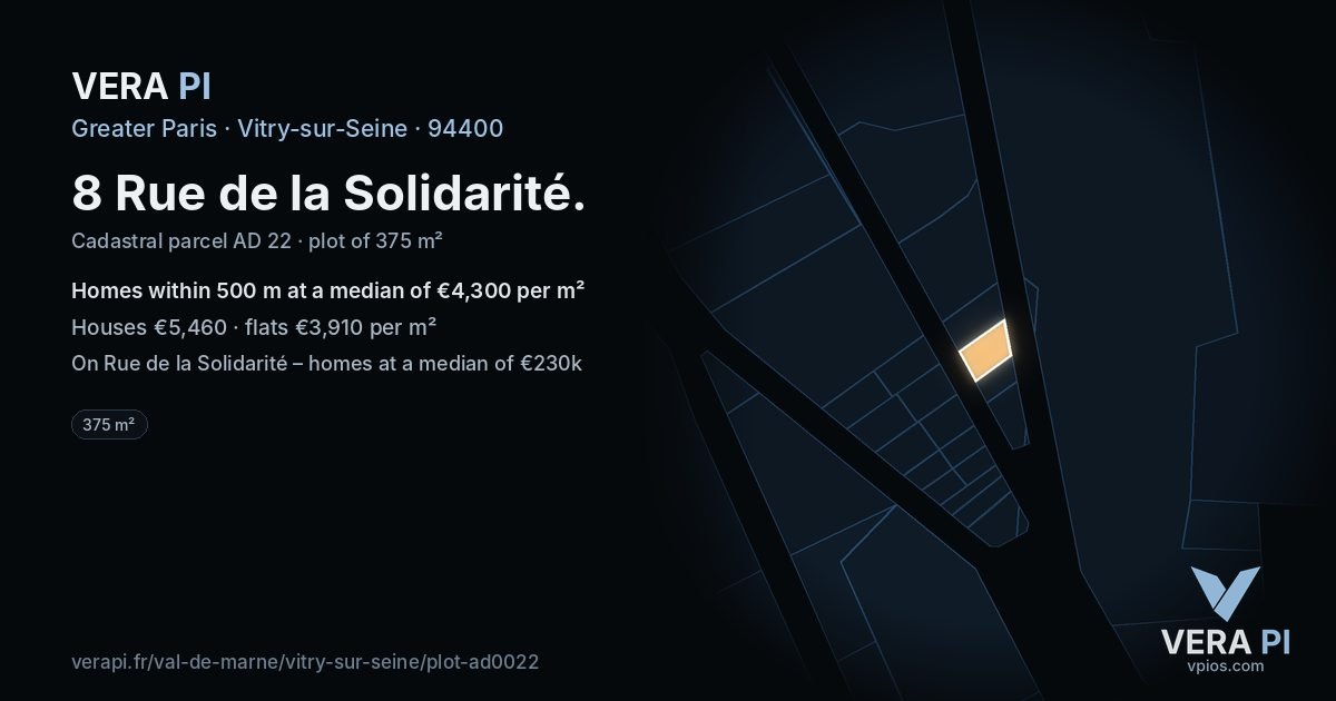 8 Rue de la Solidarité, Vitry-sur-Seine at night – the plot lit, the parcels around coloured by the prices near them