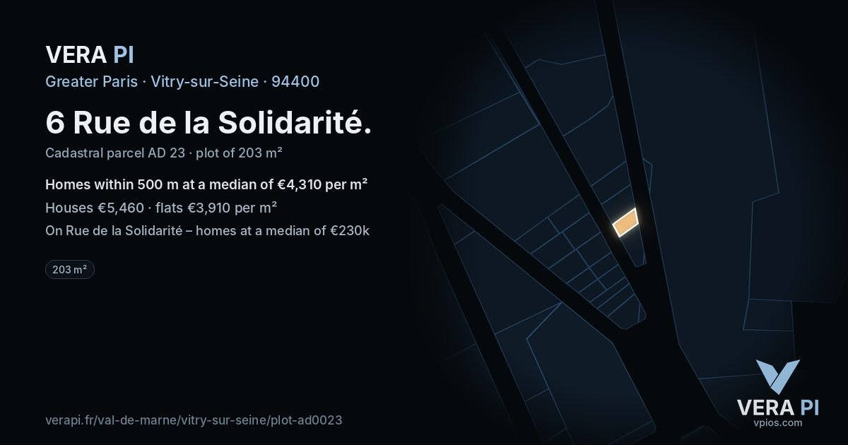 6 Rue de la Solidarité, Vitry-sur-Seine at night – the plot lit, the parcels around coloured by the prices near them