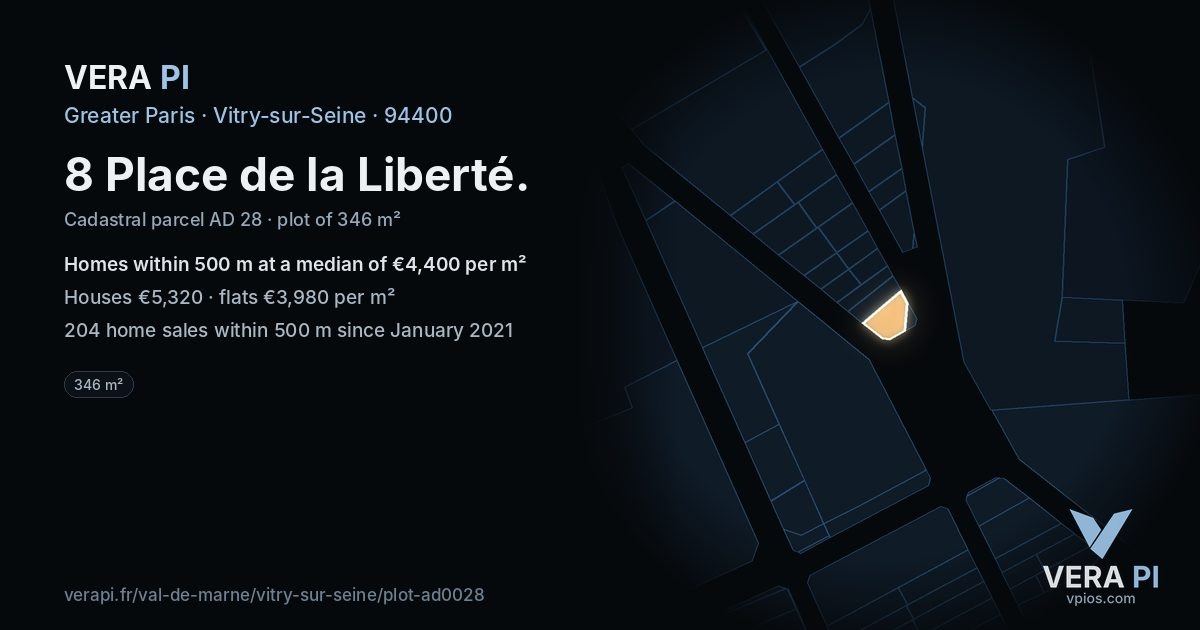 8 Place de la Liberté, Vitry-sur-Seine at night – the plot lit, the parcels around coloured by the prices near them