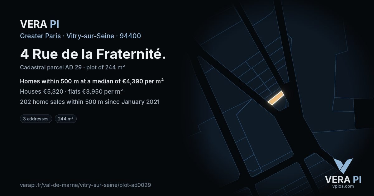 4 Rue de la Fraternité, Vitry-sur-Seine at night – the plot lit, the parcels around coloured by the prices near them