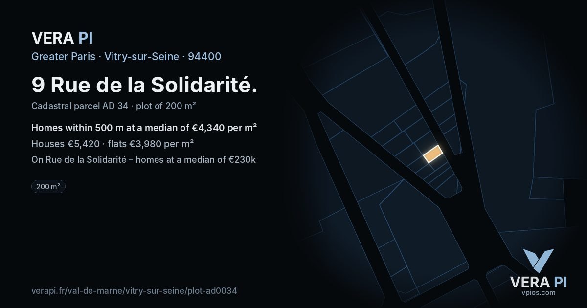 9 Rue de la Solidarité, Vitry-sur-Seine at night – the plot lit, the parcels around coloured by the prices near them