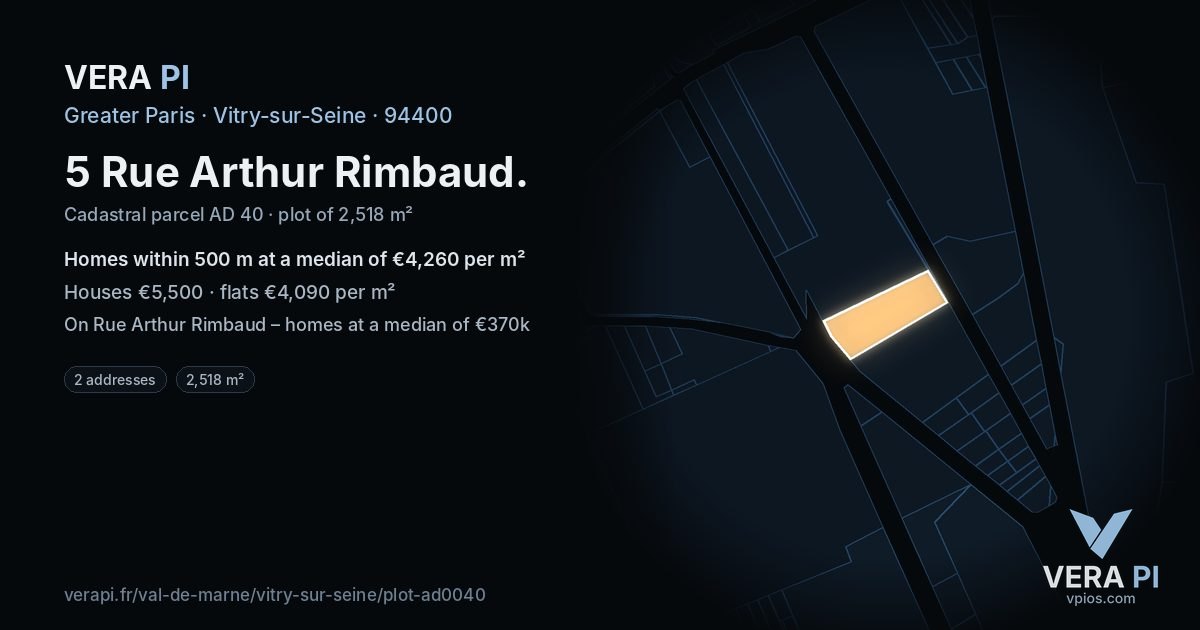 5 Rue Arthur Rimbaud, Vitry-sur-Seine at night – the plot lit, the parcels around coloured by the prices near them