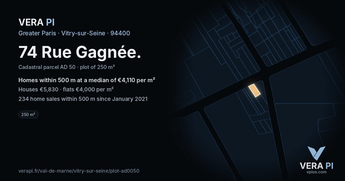 74 Rue Gagnée, Vitry-sur-Seine at night – the plot lit, the parcels around coloured by the prices near them