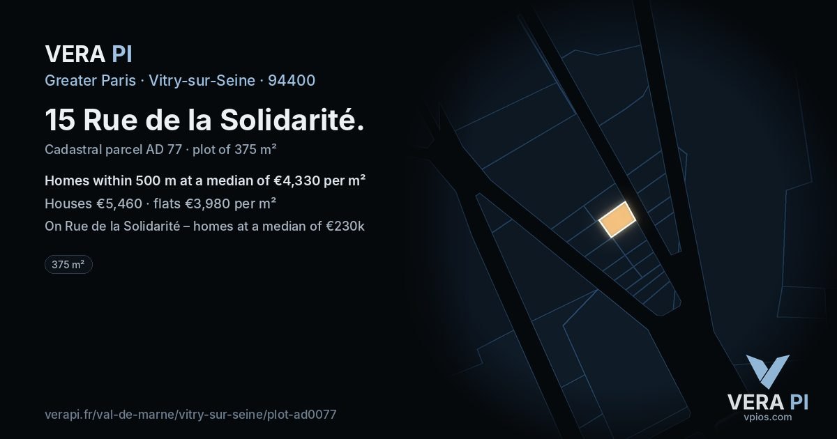 15 Rue de la Solidarité, Vitry-sur-Seine at night – the plot lit, the parcels around coloured by the prices near them