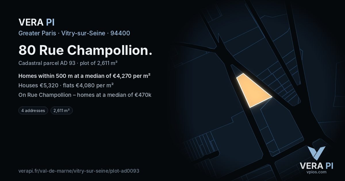 80 Rue Champollion, Vitry-sur-Seine at night – the plot lit, the parcels around coloured by the prices near them