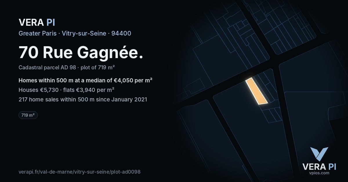 70 Rue Gagnée, Vitry-sur-Seine at night – the plot lit, the parcels around coloured by the prices near them