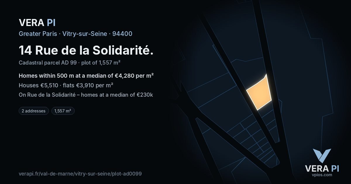 14 Rue de la Solidarité, Vitry-sur-Seine at night – the plot lit, the parcels around coloured by the prices near them
