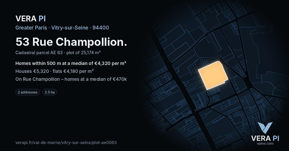53 Rue Champollion, Vitry-sur-Seine at night – the plot lit, the parcels around coloured by the prices near them