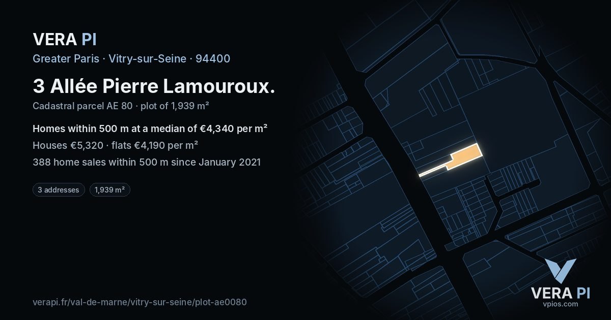 3 Allée Pierre Lamouroux, Vitry-sur-Seine at night – the plot lit, the parcels around coloured by the prices near them