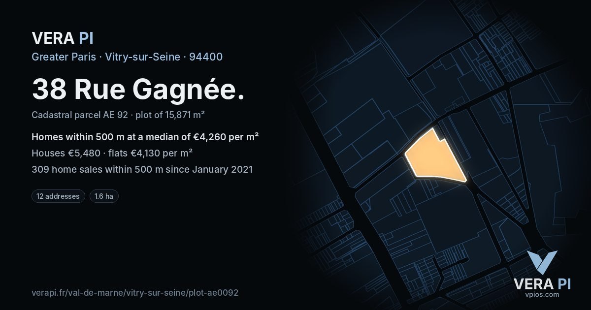 38 Rue Gagnée, Vitry-sur-Seine at night – the plot lit, the parcels around coloured by the prices near them