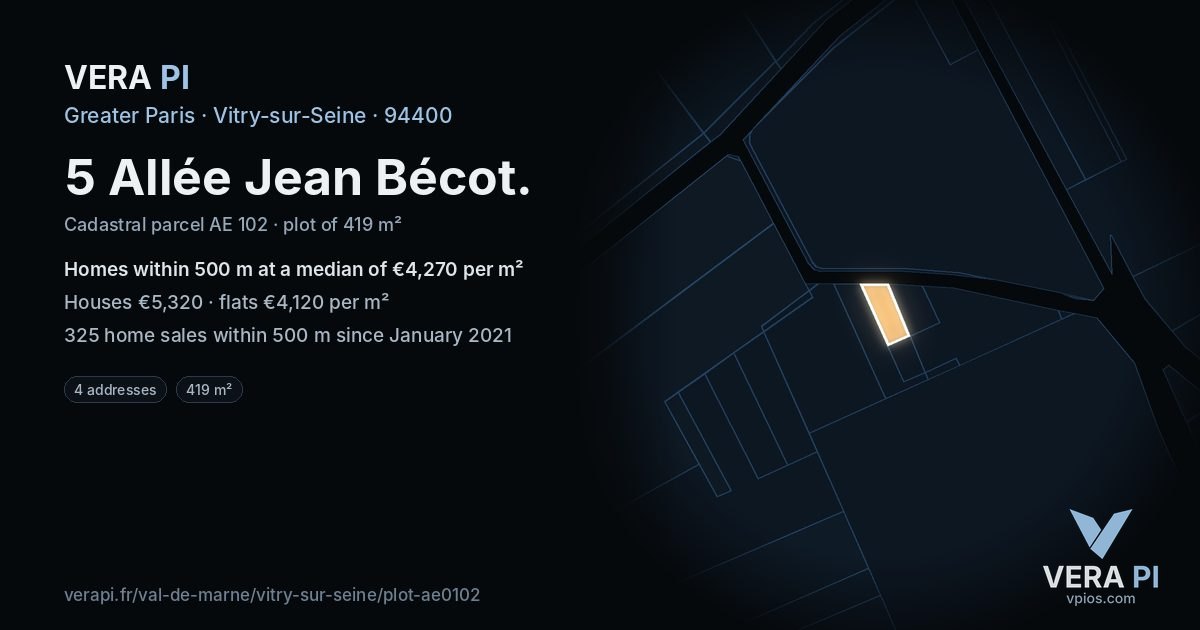 5 Allée Jean Bécot, Vitry-sur-Seine at night – the plot lit, the parcels around coloured by the prices near them