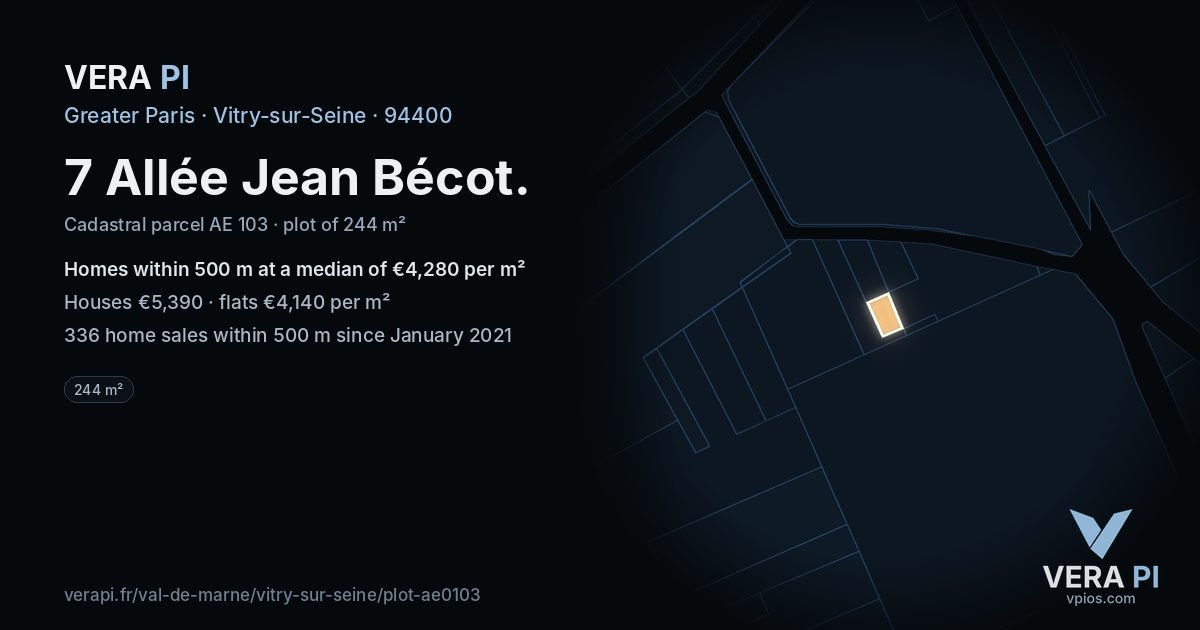 7 Allée Jean Bécot, Vitry-sur-Seine at night – the plot lit, the parcels around coloured by the prices near them