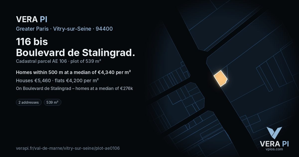116 bis Boulevard de Stalingrad, Vitry-sur-Seine at night – the plot lit, the parcels around coloured by the prices near them
