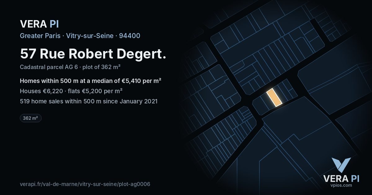 57 Rue Robert Degert, Vitry-sur-Seine at night – the plot lit, the parcels around coloured by the prices near them