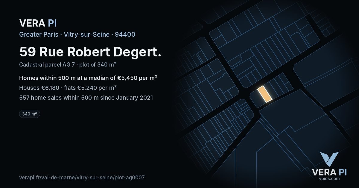 59 Rue Robert Degert, Vitry-sur-Seine at night – the plot lit, the parcels around coloured by the prices near them