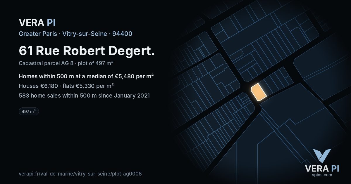 61 Rue Robert Degert, Vitry-sur-Seine at night – the plot lit, the parcels around coloured by the prices near them