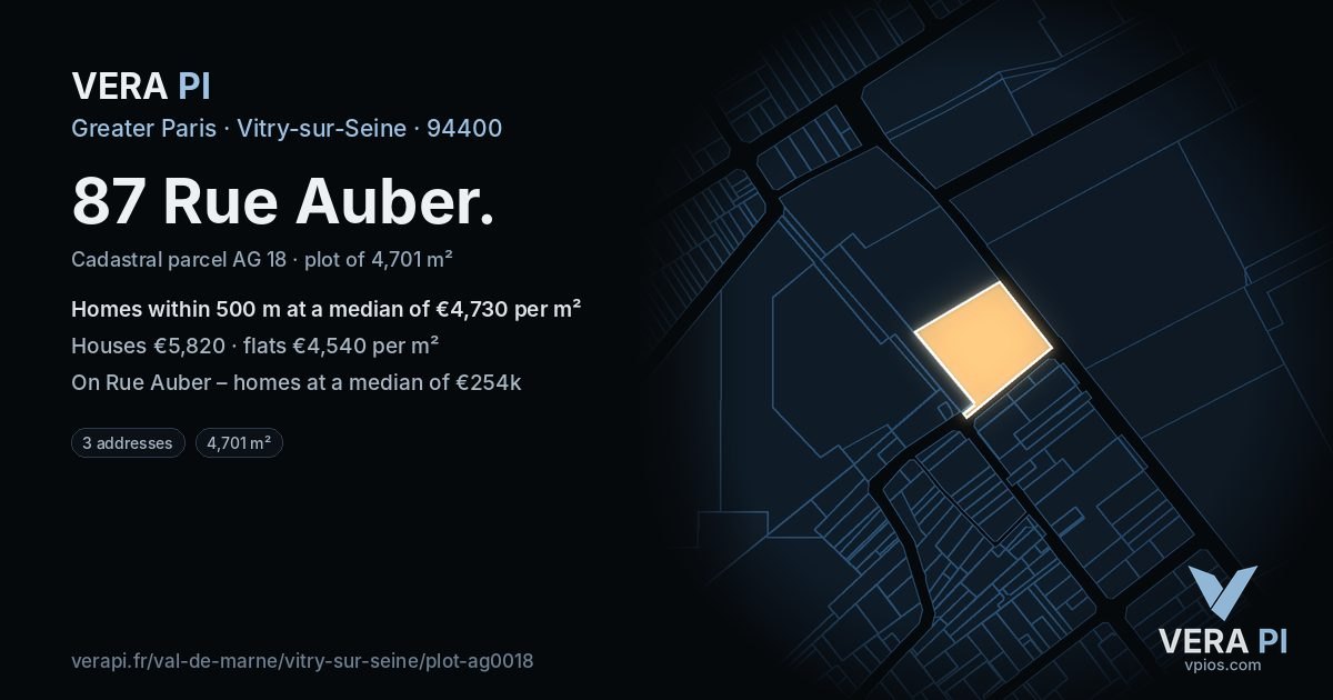 87 Rue Auber, Vitry-sur-Seine at night – the plot lit, the parcels around coloured by the prices near them